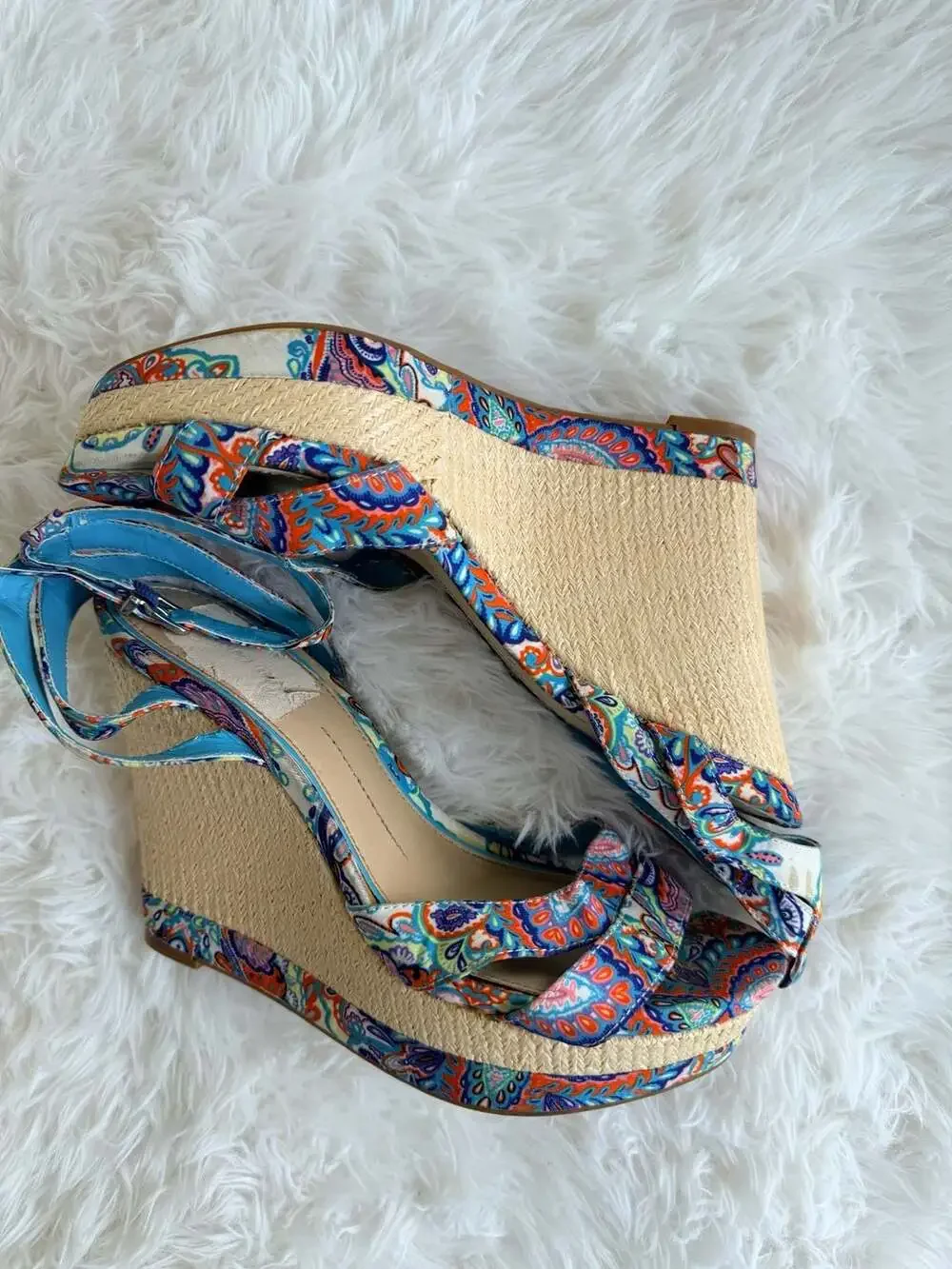 Gianni Bini Blue Multi-Colored Paisley Print Ankle Strap Wedge Sandals